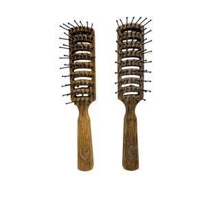 2 Vintage Goody Nylon Bristles Smoothing Hair Brush Brown Faux Wood Grain 7.75"